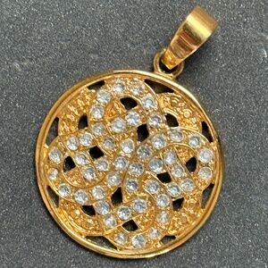 VINTAGE ROMAN Pendant Circle Polished Gold Clear Faceted Rhinestones Decorative